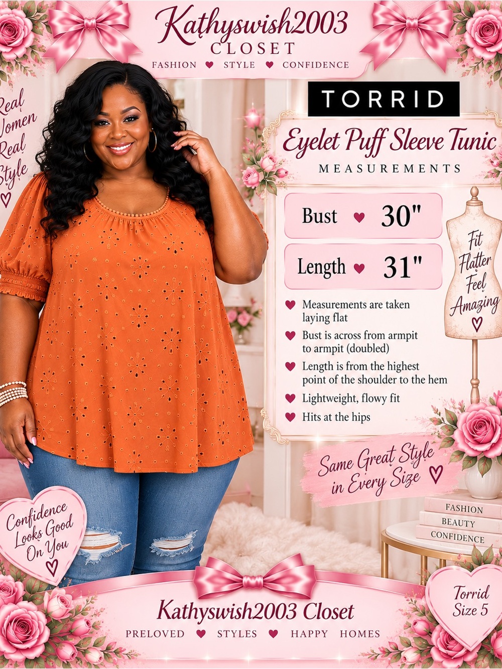 torrid Burnt Orange Eyelet Puff Sleeve Tunic - Picture 4 of 15